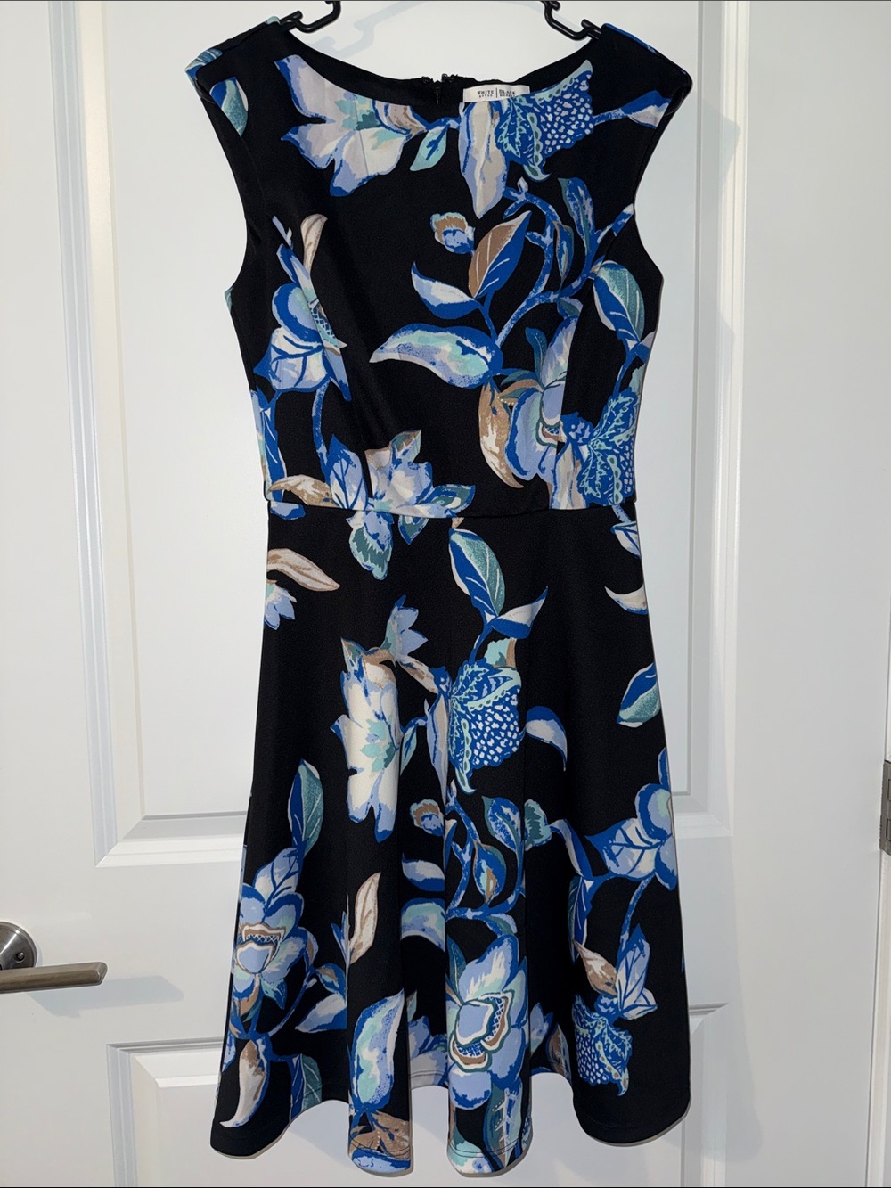 White House Black Market Black Midi Dress with Blue & Cream Floral Print